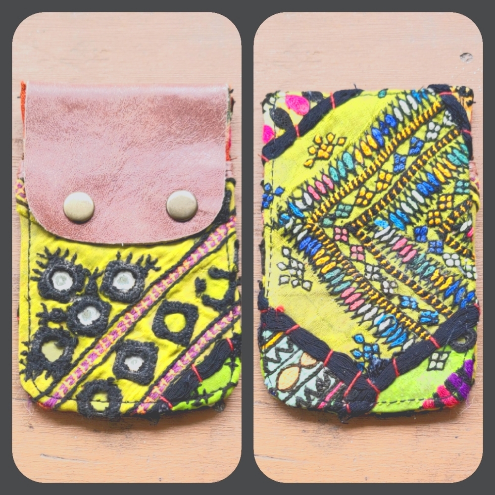 🥂🕺 Free People Boho Embroidered Repurposed vtg banjara hippie Wallet card case